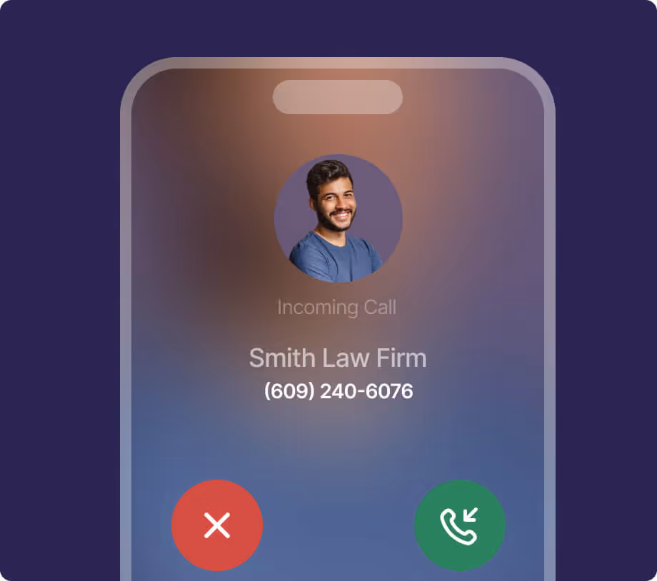 Smartphone screen showing an incoming call from Smith Law Firm with a smiling man's photo above the caller information, and red decline and green accept call buttons below.