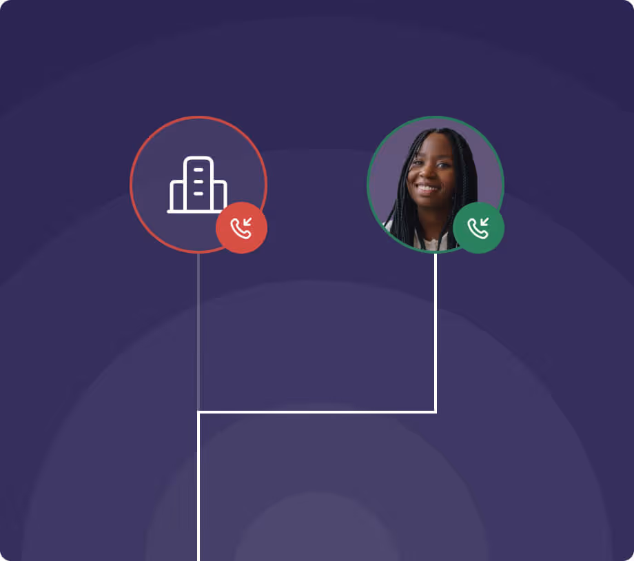 Illustration of a smiling woman with long braided hair inside a green circle connected by lines to a red circle containing a building icon, against a dark purple background.