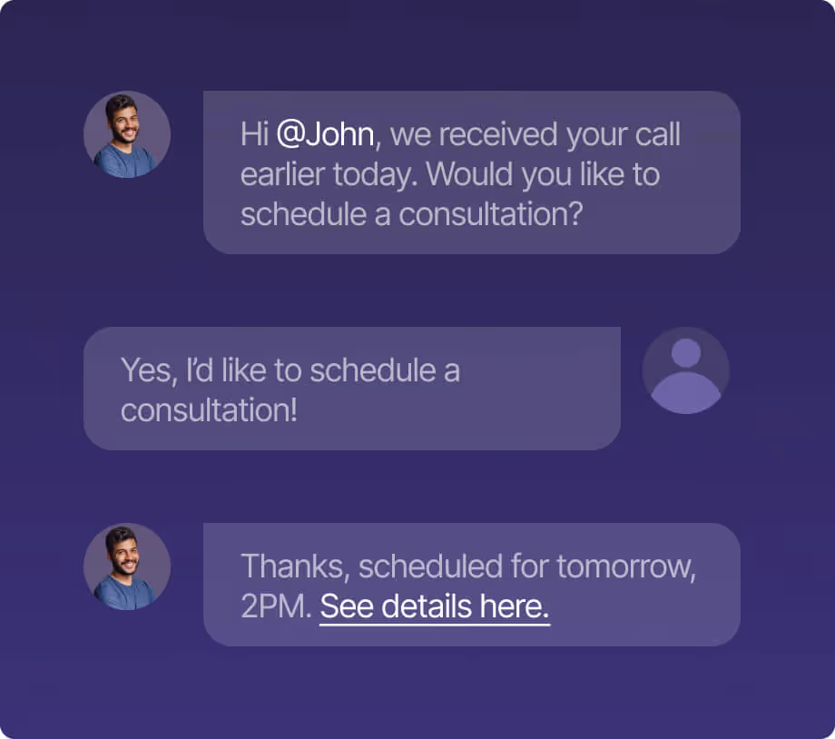 Chat conversation showing a man in a blue shirt scheduling a consultation with John for tomorrow at 2PM.