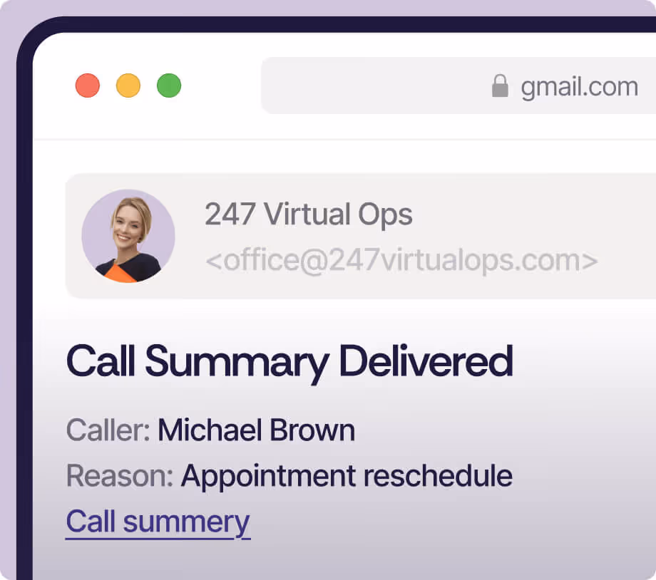 Email from 247 Virtual Ops with subject 'Call Summary Delivered' showing caller Michael Brown and reason Appointment reschedule.