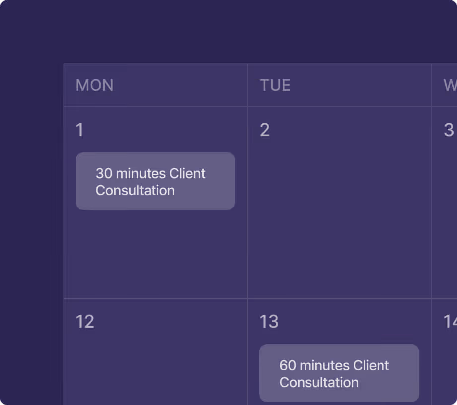 Calendar showing Monday the 1st with a 30 minutes client consultation and Tuesday the 13th with a 60 minutes client consultation.