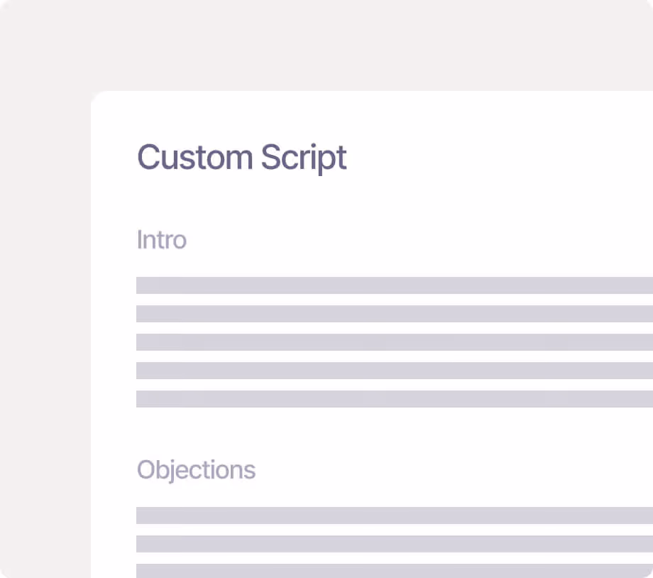 A webpage section titled 'Custom Script' with subsections labeled 'Intro' and 'Objections,' each followed by placeholder gray bars representing text.
