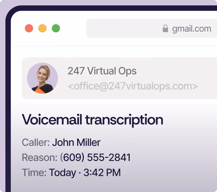 Screenshot of an email from 247 Virtual Ops showing a voicemail transcription with caller John Miller, reason phone number (609) 555-2841, and time today at 3:42 PM.