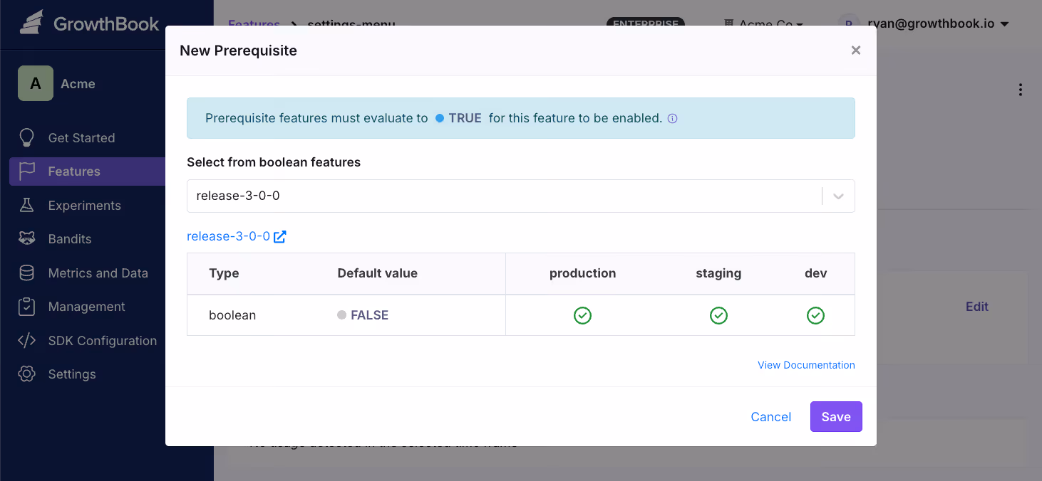 Setting a prerequisite feature in GrowthBook