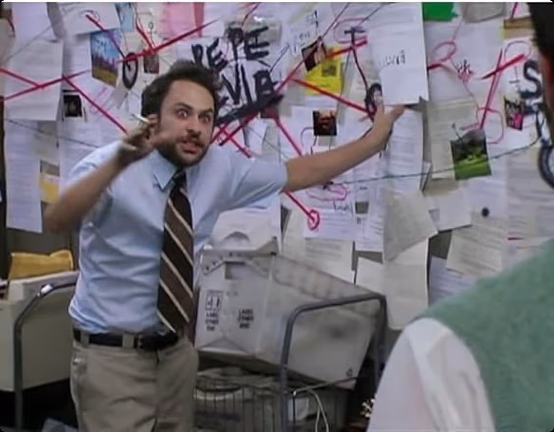 Pepe Silvia meme with Charlie looking at papers connected together with red string