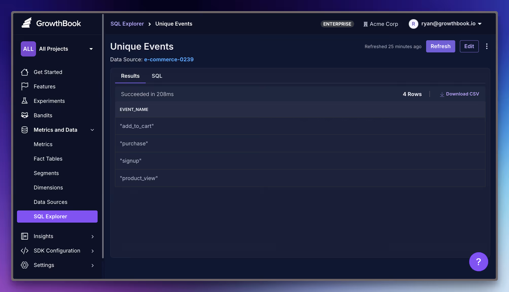 SQL query results showing four unique event types: add_to_cart, purchase, signup, and product_view.