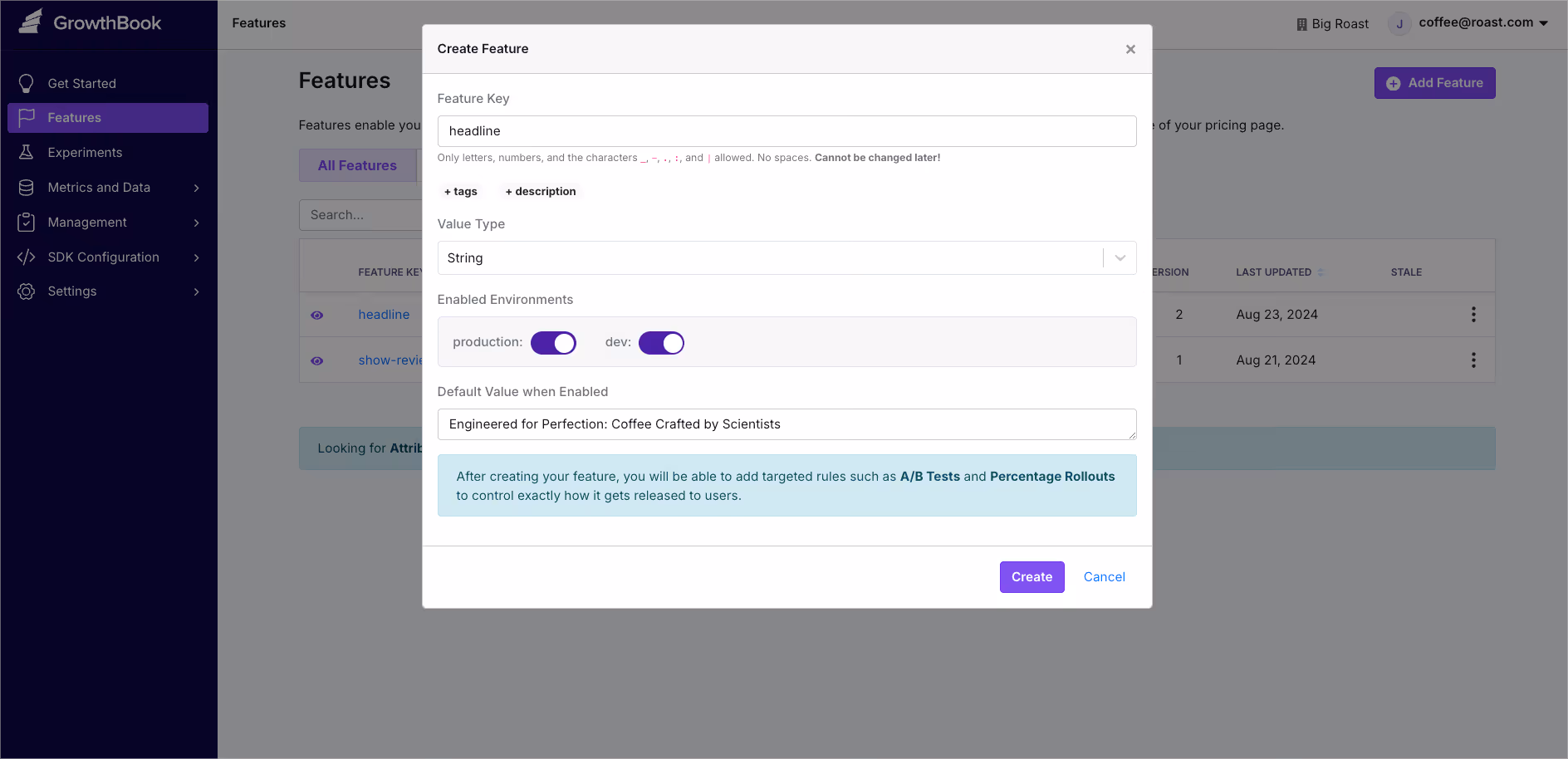Creating a feature called headline in GrowthBook