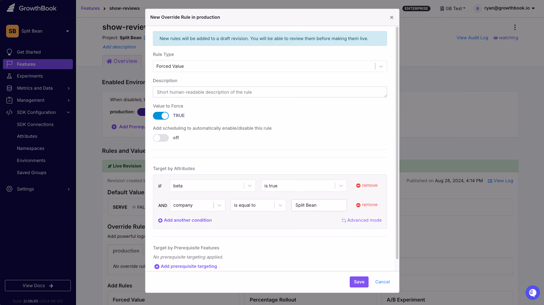 Forced value dialog with beta and company attributes set to true and Split Bean, respectively