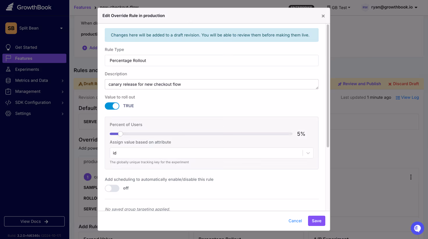 Percentage rollout GrowthBook dialogue