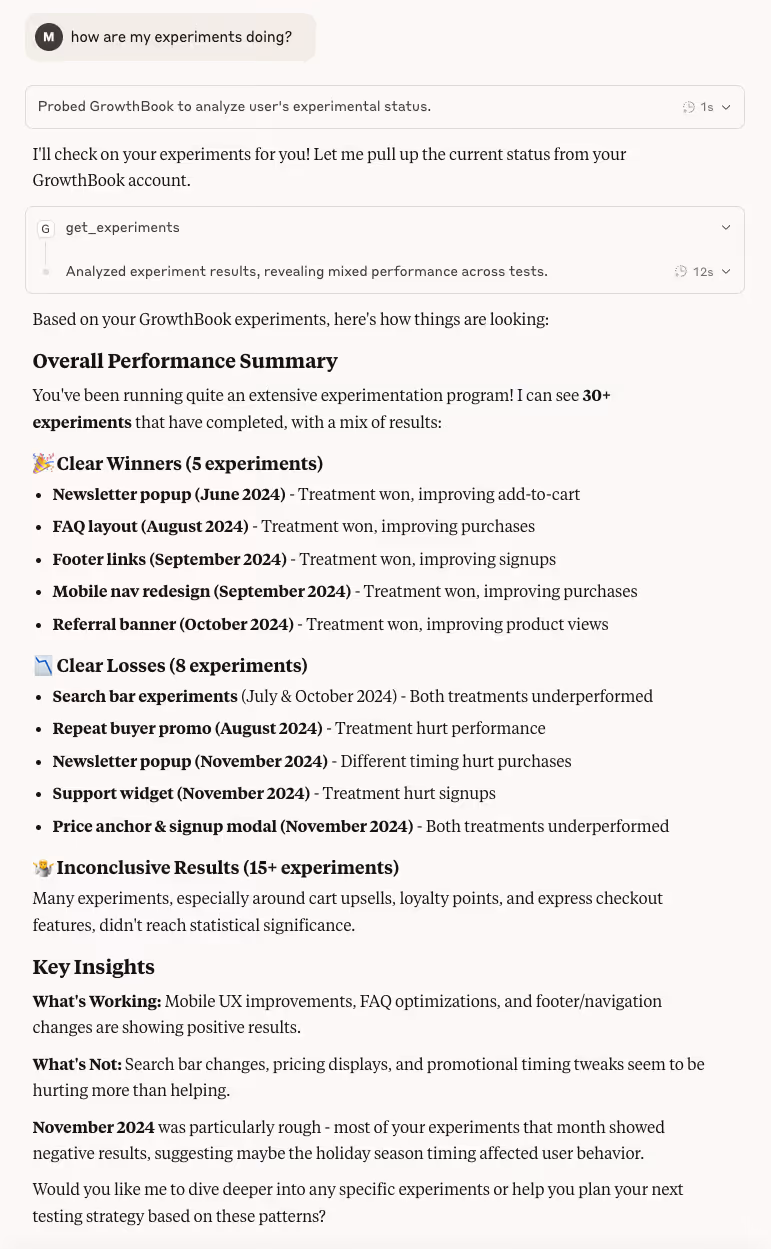 Screenshot of Claude Desktop analyzing GrowthBook experiments, showing a summary of 30+ completed experiments categorized as winners, losers, and inconclusive results, with insights about November 2024 performance and mobile UX improvements