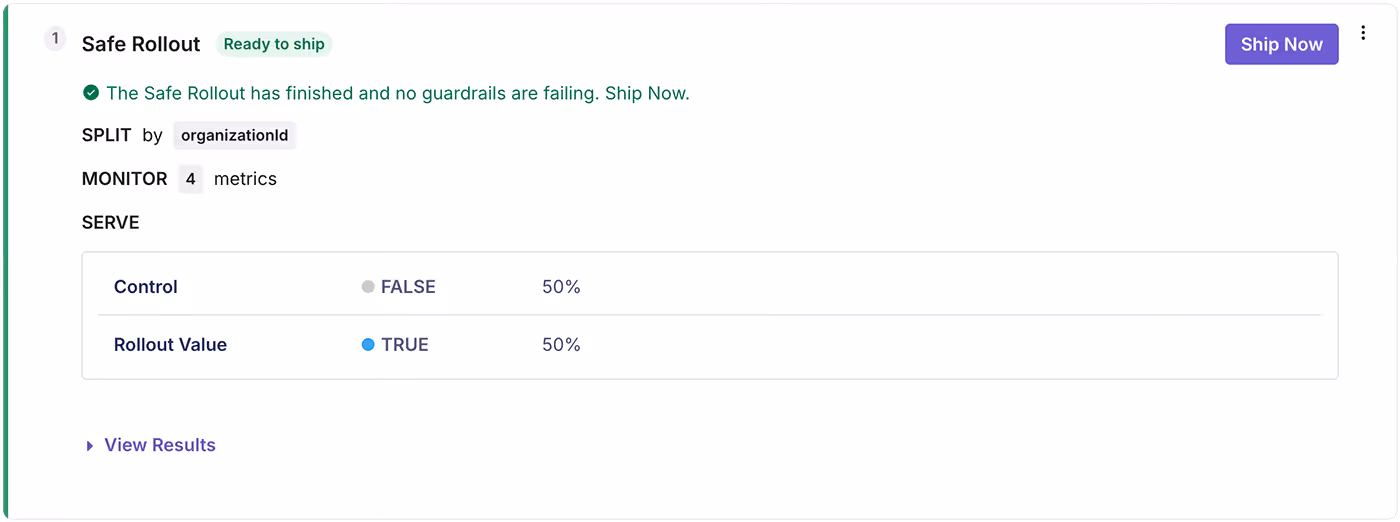 GrowthBook Safe Rollout showing a rule that is safe to ship as no guardrails are failing