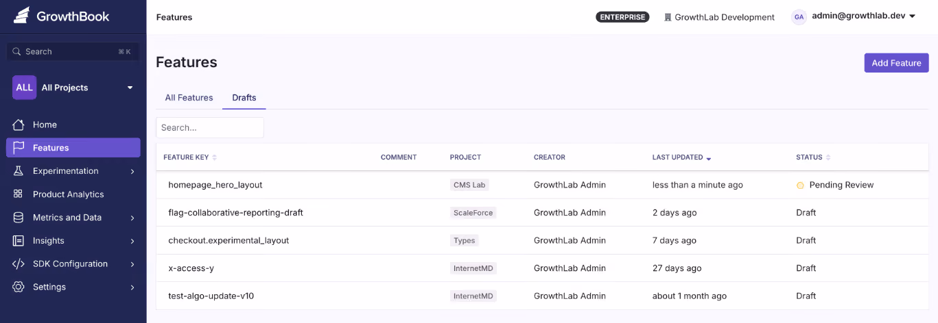 GrowthBook Features dashboard showing flags pending review and draft status