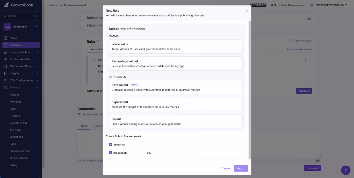 GrowthBook new rule modal showing targeting and rollout options