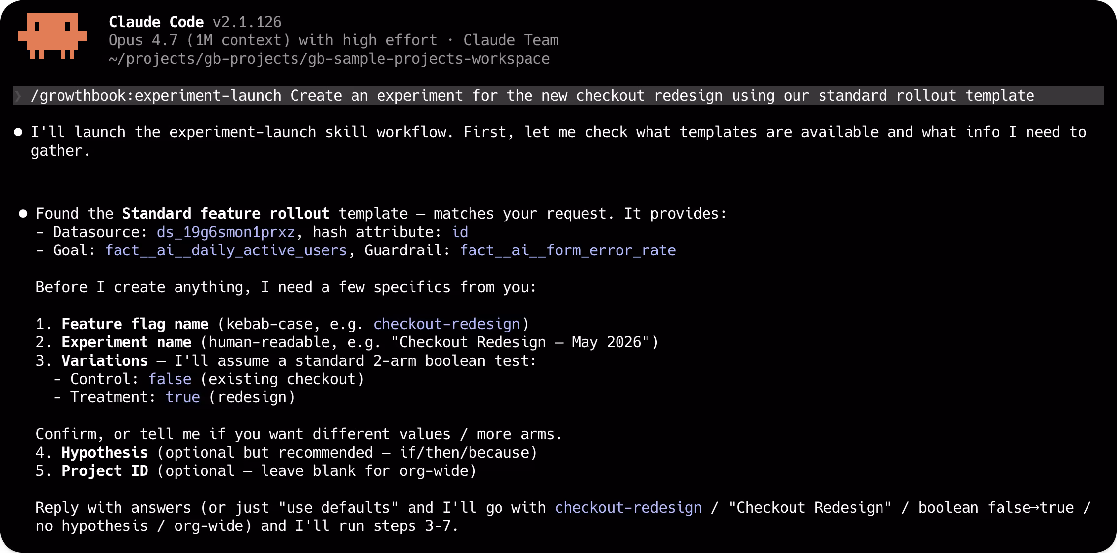 Claude Code creating a GrowthBook experiment from a template with prefilled metrics.
