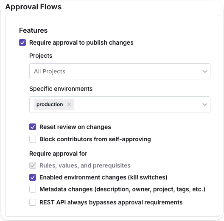 GrowthBook Feature Flags screenshot showing approval flows