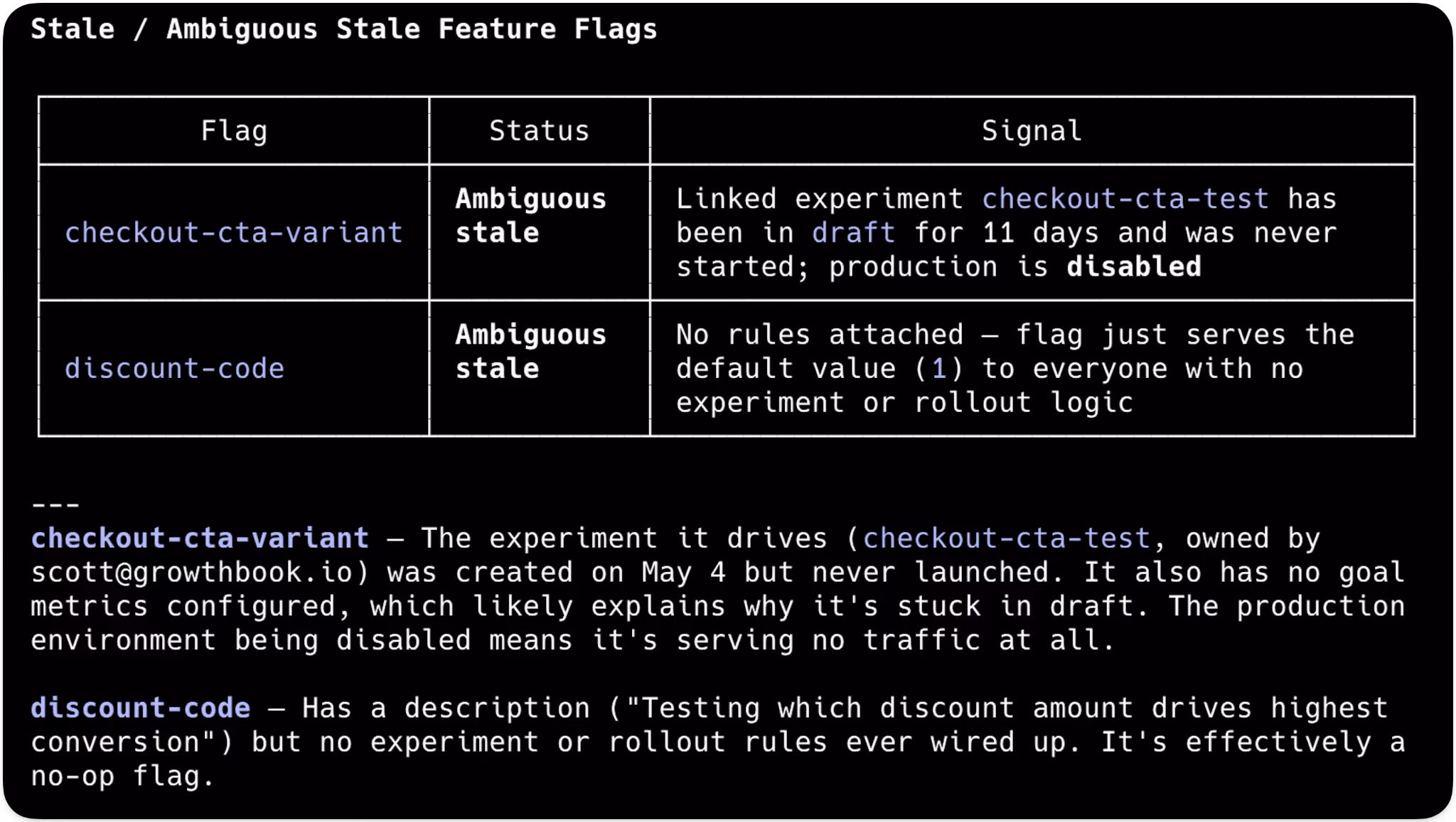 GrowthBook Feature Flags screenshot showing table of stale and ambiguou feature flags for review.