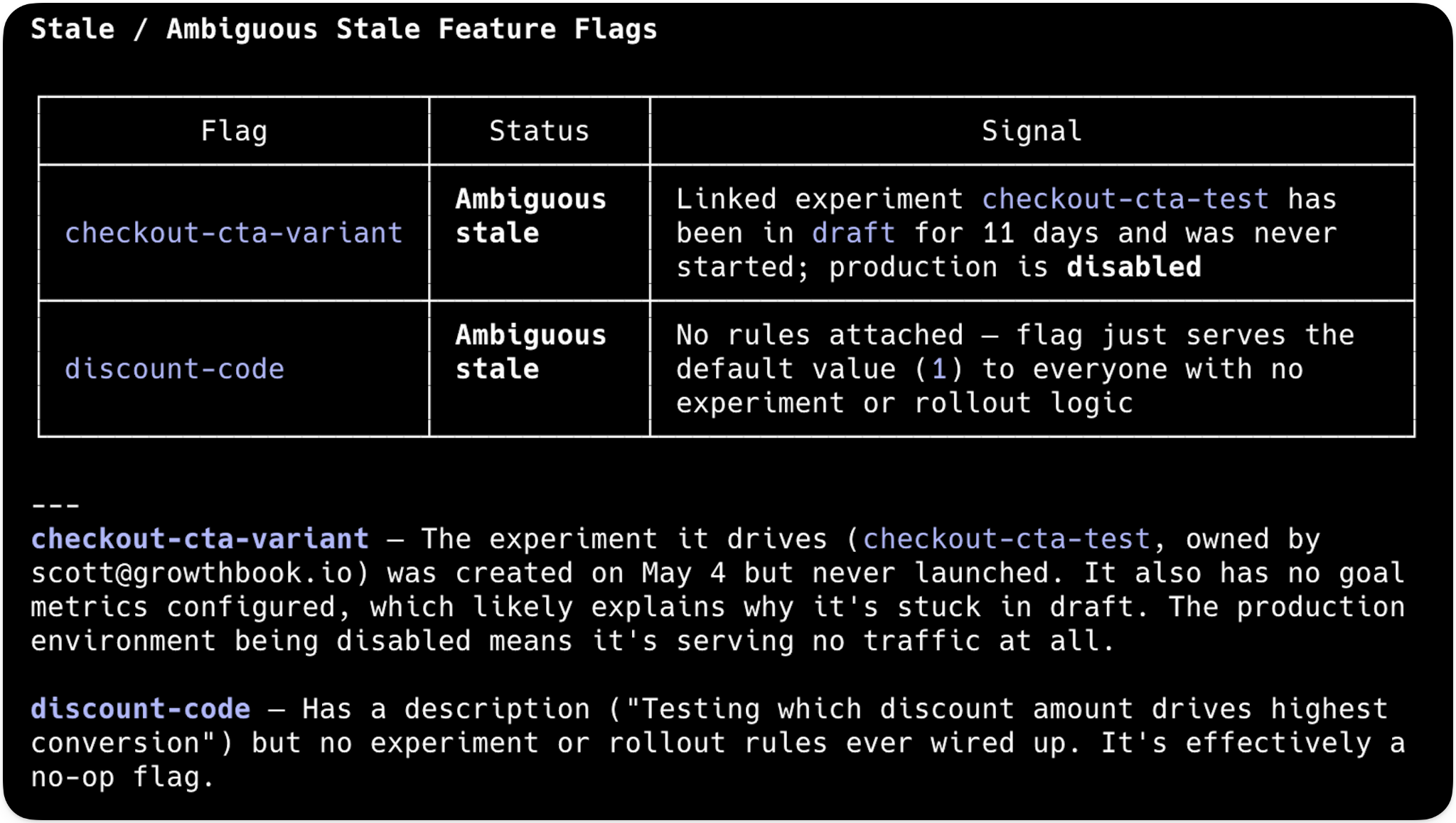 GrowthBook Feature Flags screenshot showing table of stale and ambiguou feature flags for review.