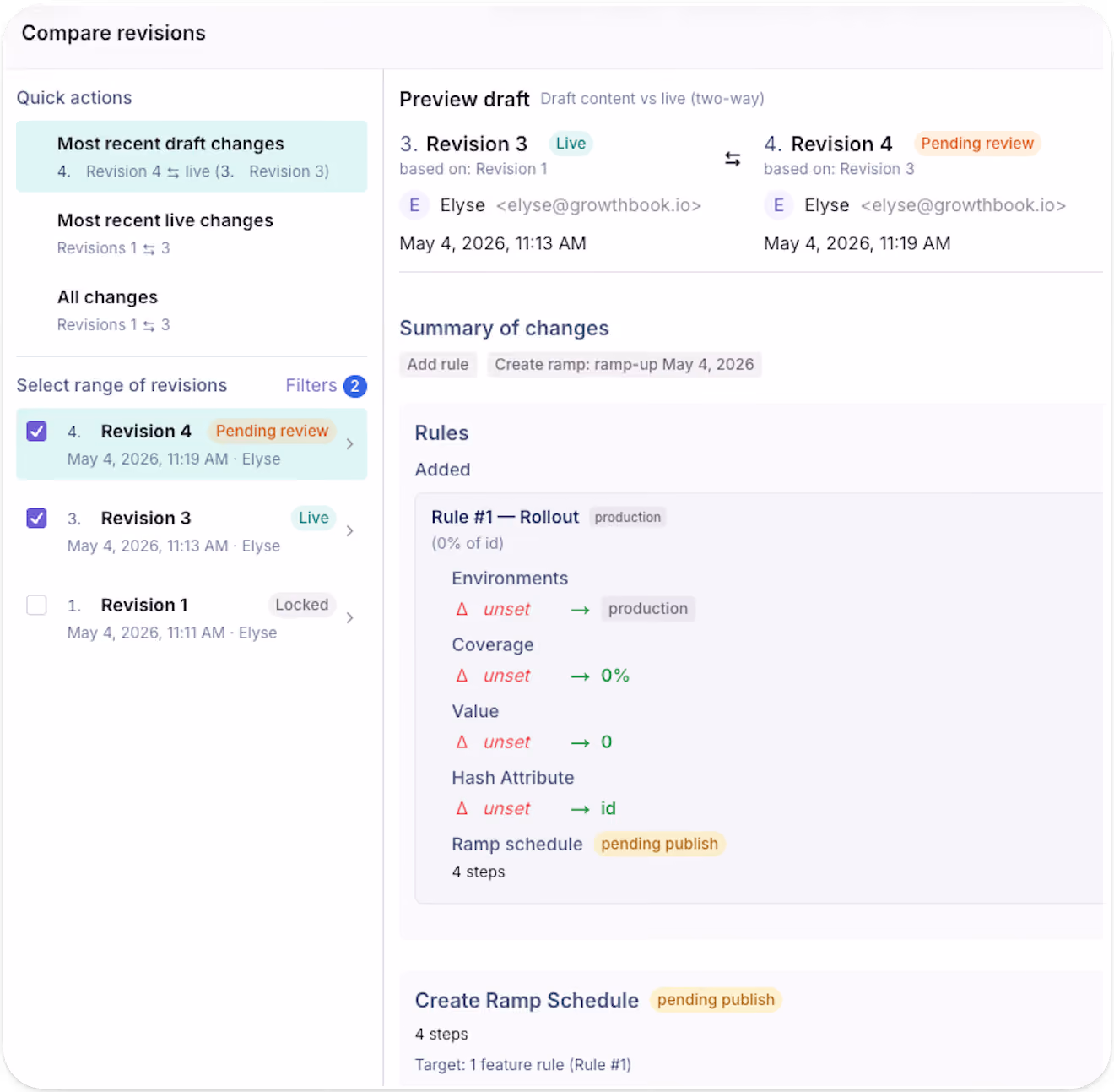 GrowthBook app screenshot showing feature flag changes to compare revisions