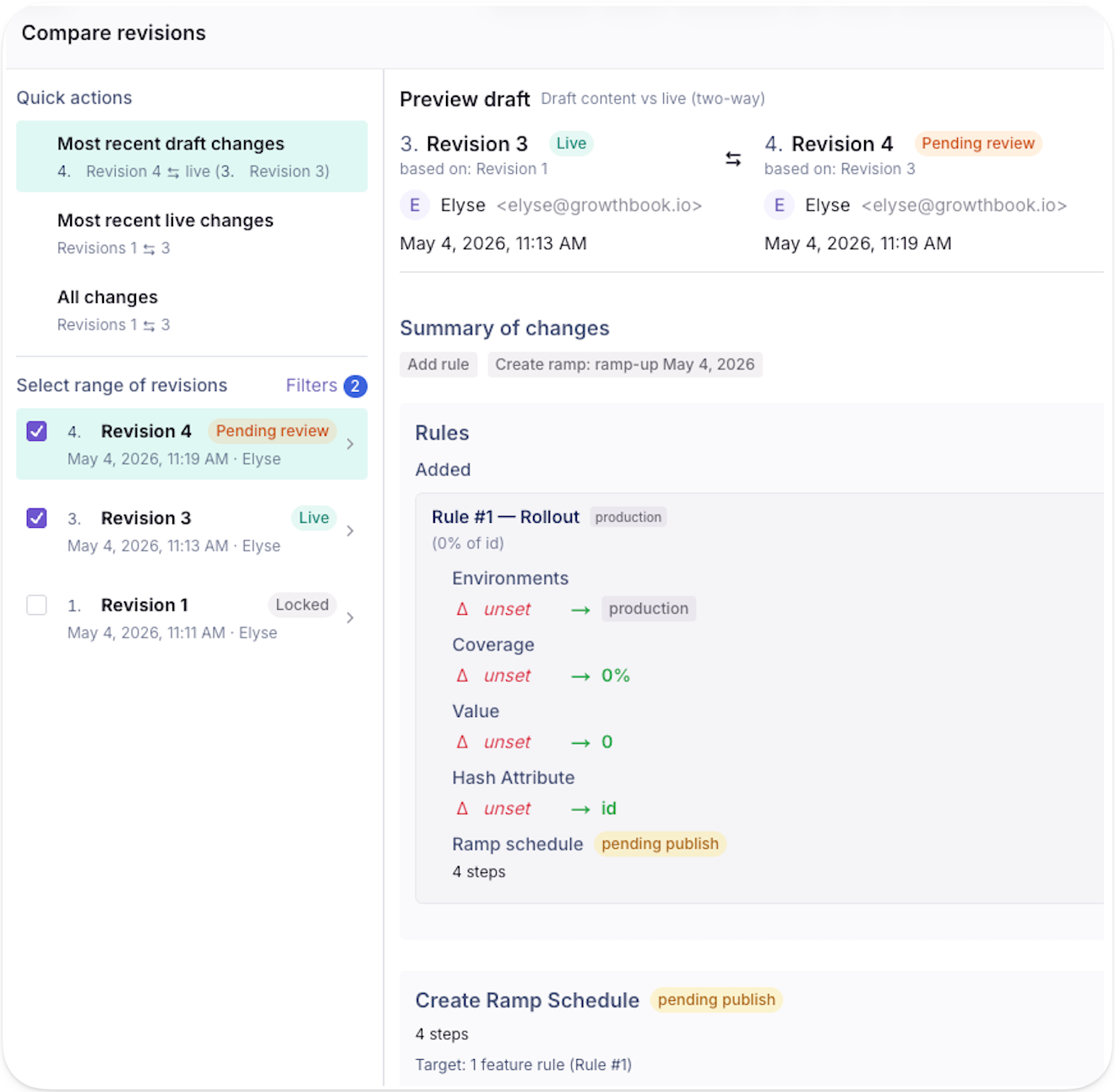 GrowthBook app screenshot showing feature flag changes to compare revisions