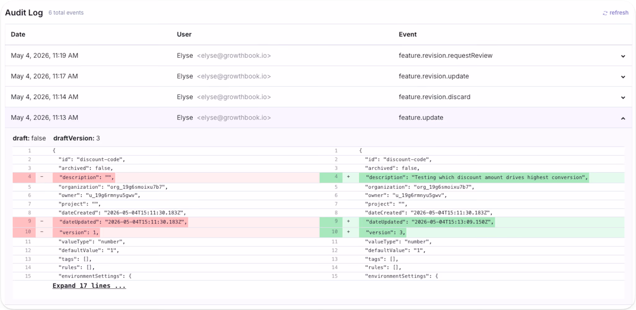 GrowthBook Feature Flags screenshot showing audit log comparing drafts.