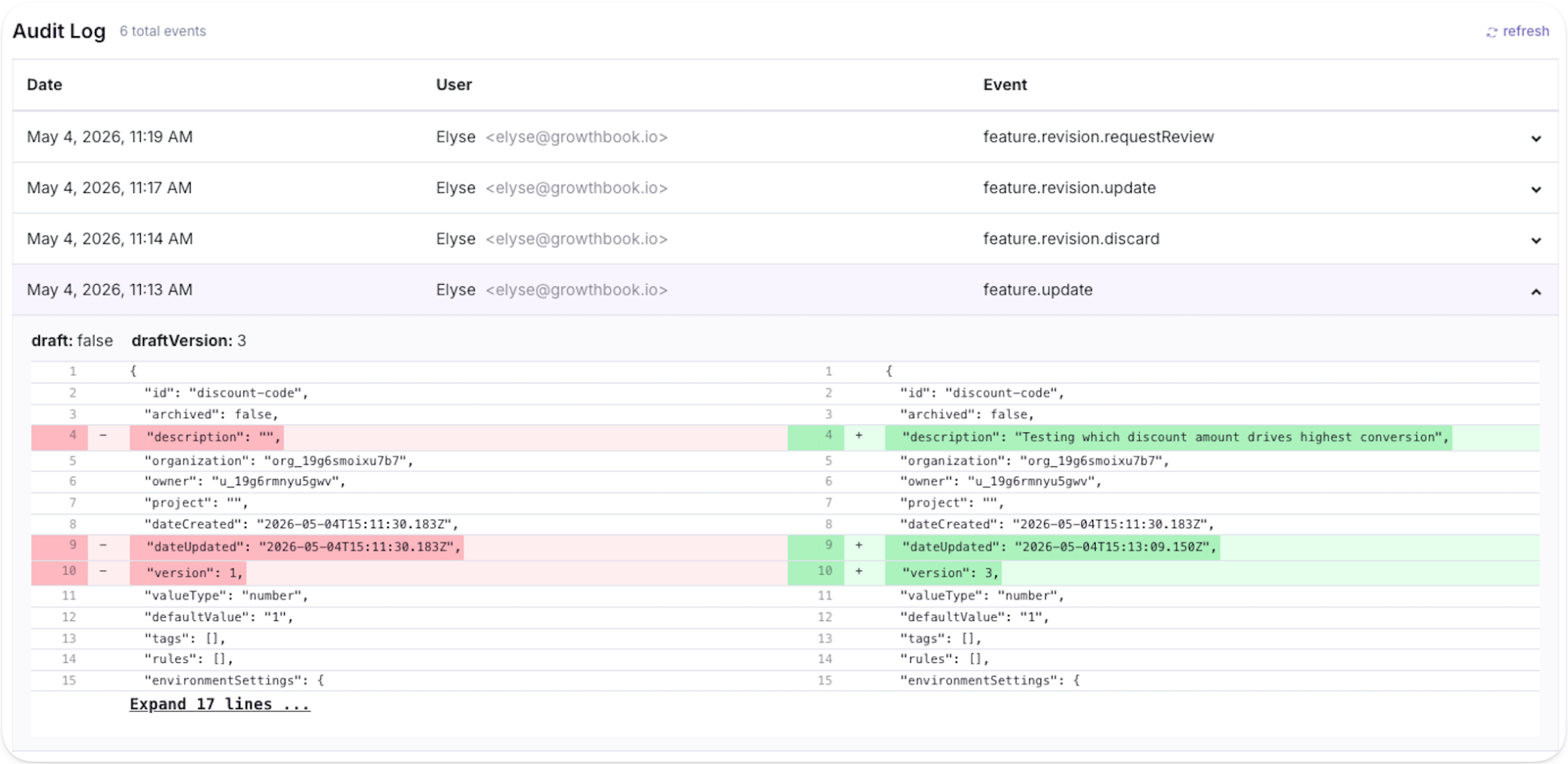 GrowthBook Feature Flags screenshot showing audit log comparing drafts.