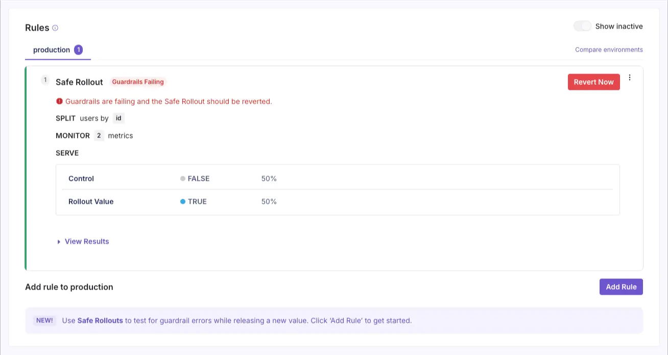 GrowthBook Safe Rollout showing guardrails failing status and Revert Now button with split metrics monitored in production — feature flags CI/CD