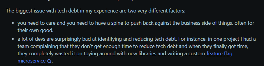 Reddit comment describing two key factors behind technical debt accumulation in engineering teams — feature flag technical debt