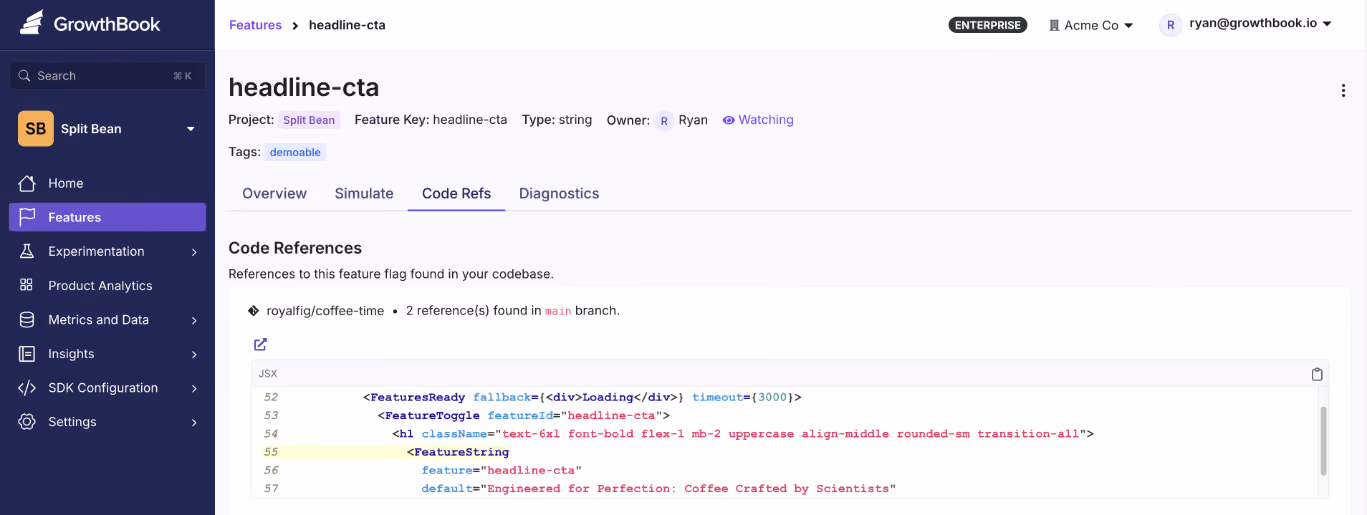 GrowthBook Code References tab showing a feature flag mapped to its exact location in a GitHub codebase with JSX code snippet — feature flag technical debt