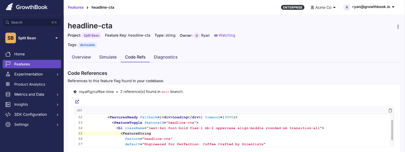 GrowthBook Code References tab showing a feature flag mapped to its exact location in a GitHub codebase with JSX code snippet — feature flag technical debt