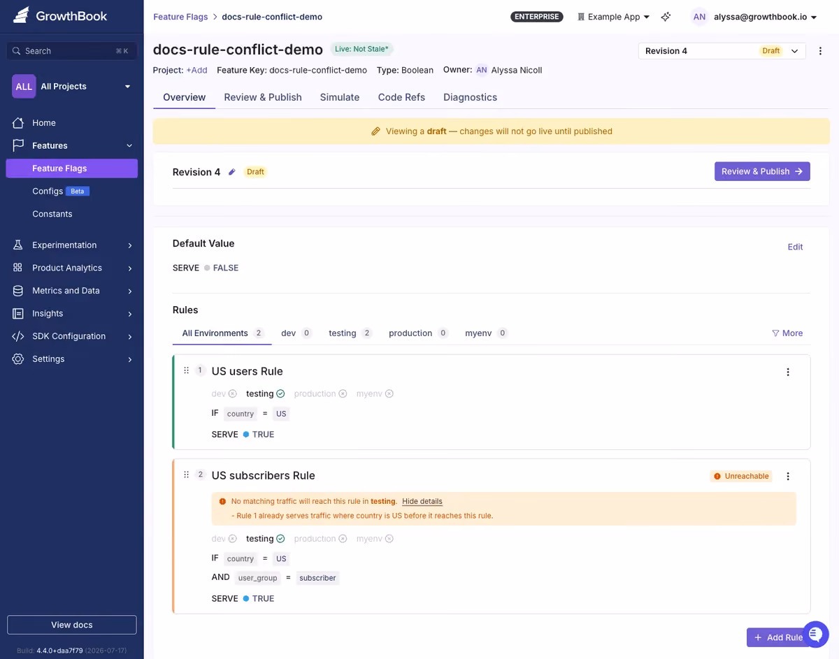 Unreachable rule warning for a conflicting feature flag rule in GrowthBook — feature flag rule conflict detection