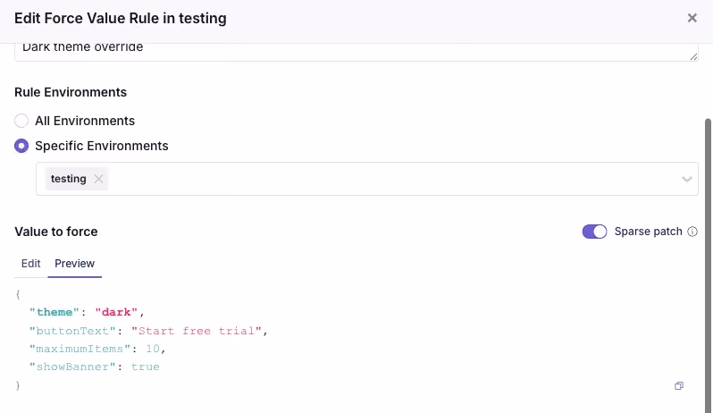 Sparse patch preview showing a single changed field merged onto a feature flag's default value — GrowthBook sparse patches for JSON rules