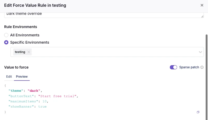 Sparse patch preview showing a single changed field merged onto a feature flag's default value — GrowthBook sparse patches for JSON rules