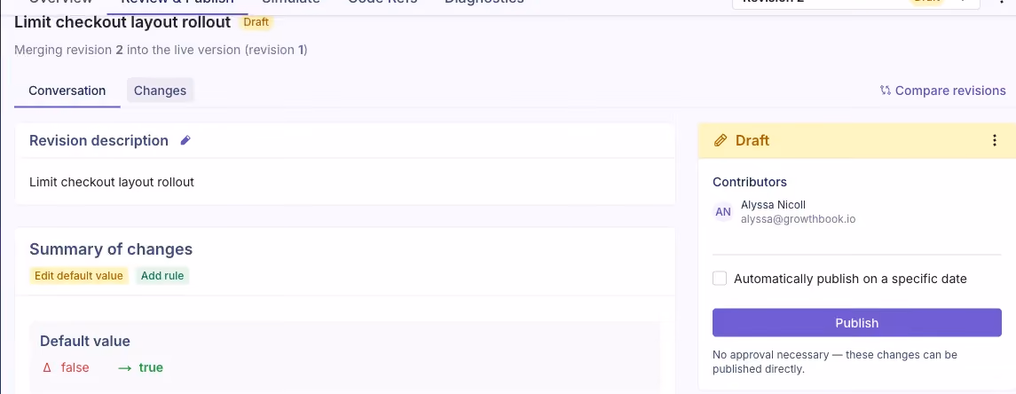 Review and Publish tab showing the Conversation view and draft summary before publishing a feature flag change — GrowthBook Review & Publish workflow