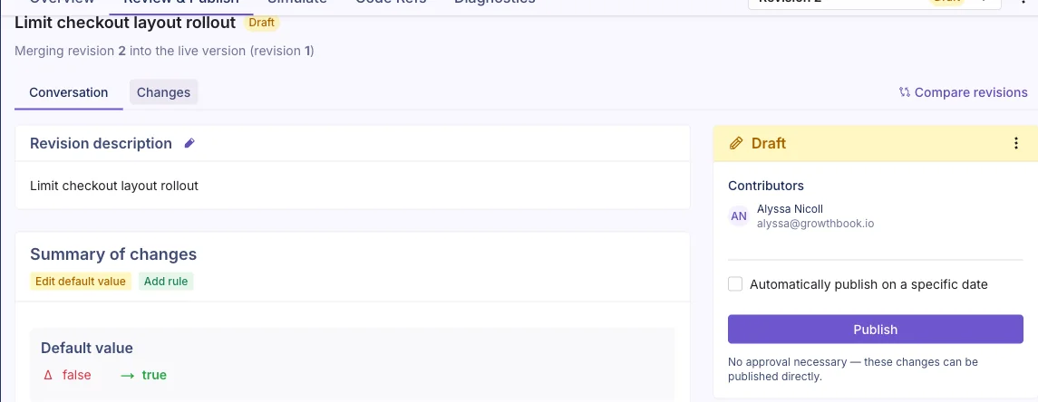Review and Publish tab showing the Conversation view and draft summary before publishing a feature flag change — GrowthBook Review & Publish workflow
