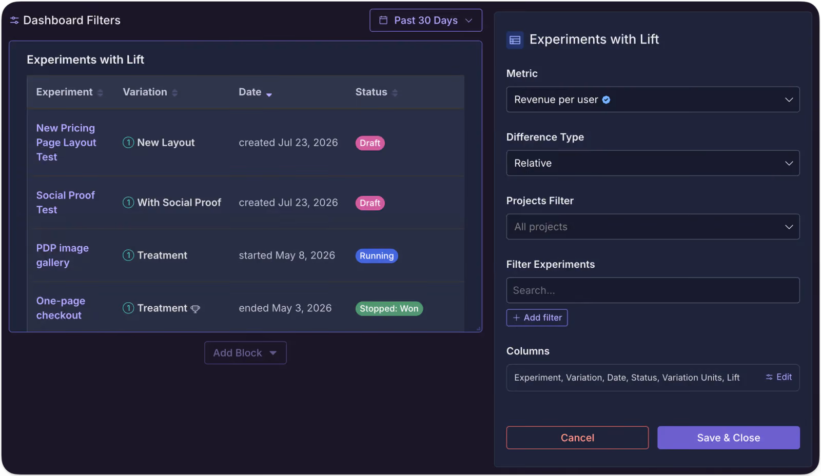 GrowthBook's new experiments with lift dashboard block