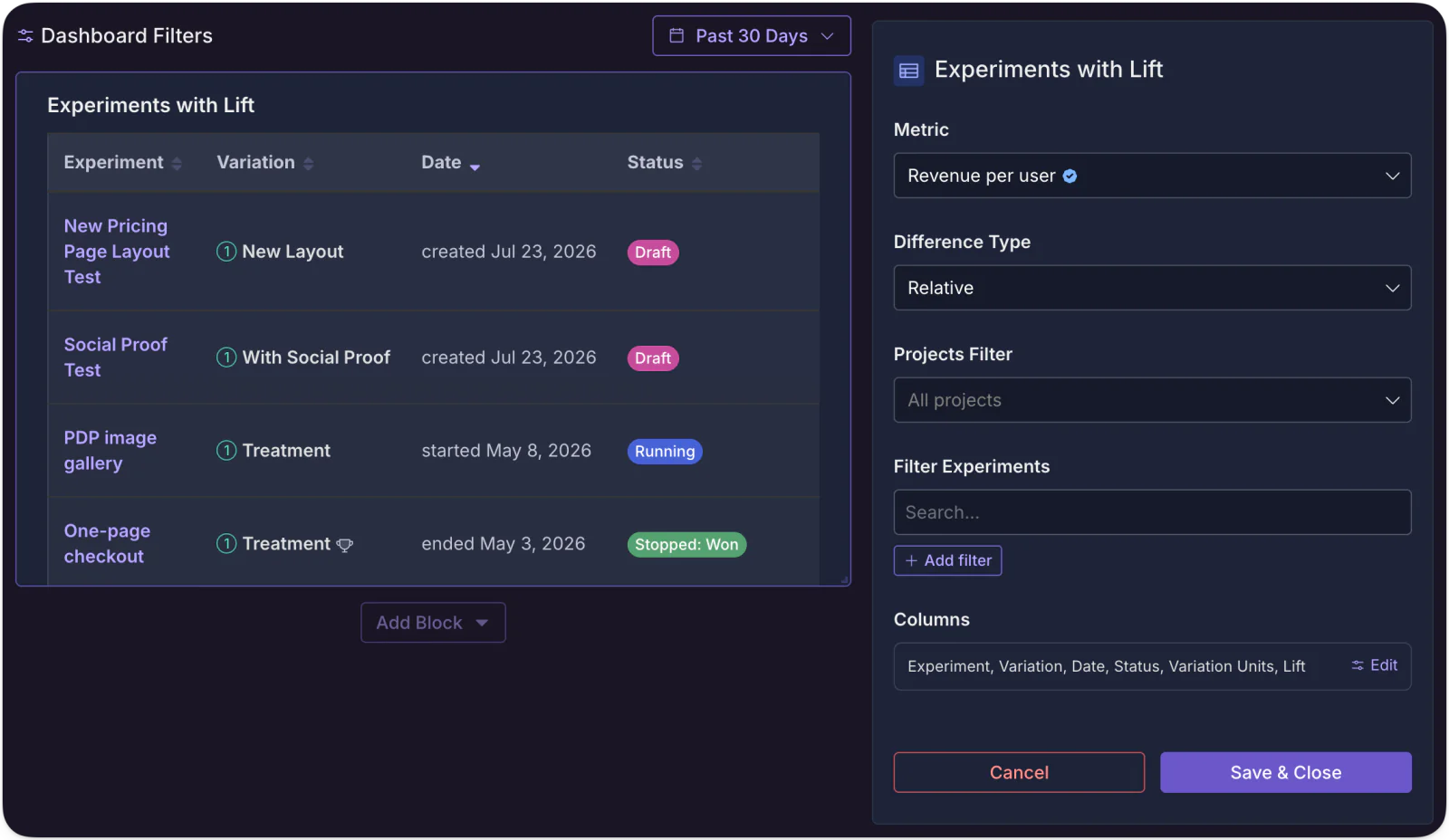 GrowthBook's new experiments with lift dashboard block