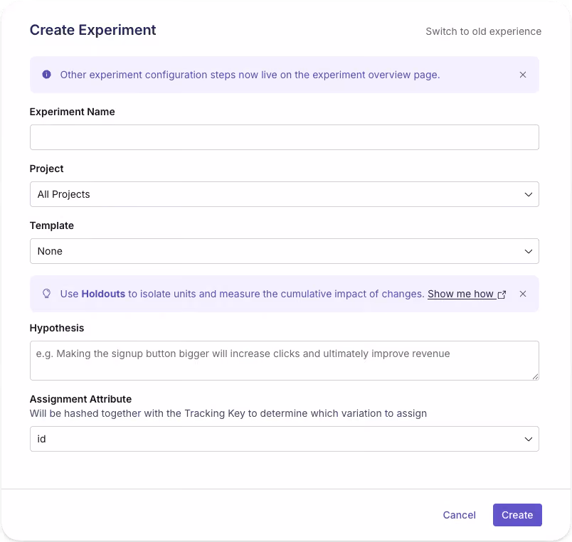 GrowthBook's new experiment creation modal