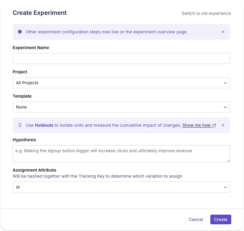 GrowthBook's new experiment creation modal