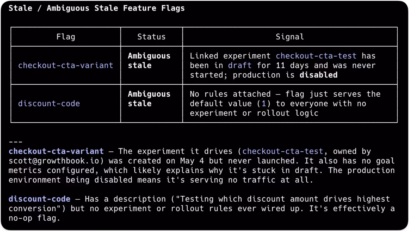 use GrowthBook MCP to find and clean up stale flags