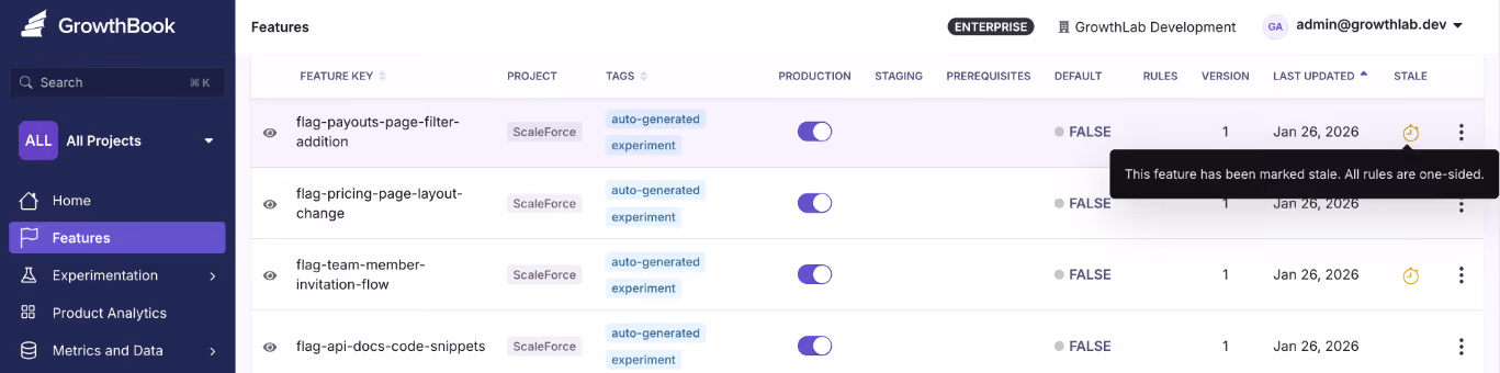 GrowthBook stale feature flag detection