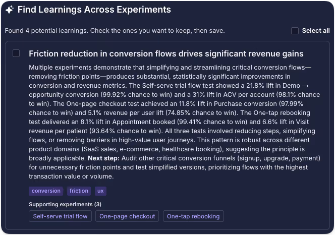 GrowthBook's Find Learnings panel proposing a learning about friction reduction in conversion flows, citing three supporting experiments.