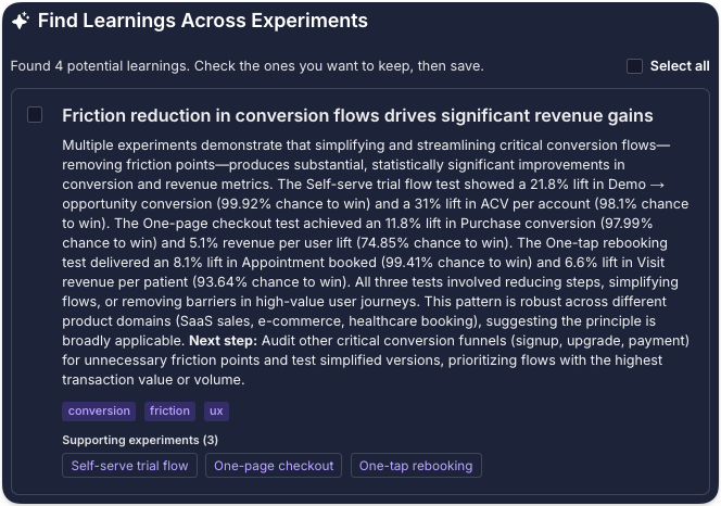 GrowthBook's Find Learnings panel proposing a learning about friction reduction in conversion flows, citing three supporting experiments.