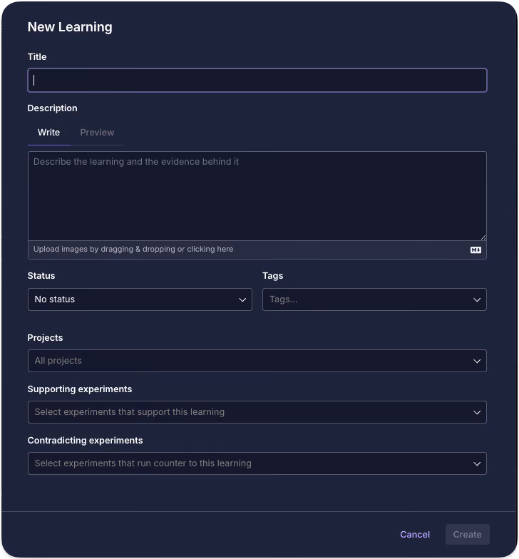 The New Learning form in GrowthBook, with fields for title, description, status, tags, projects, and supporting and contradicting experiments.