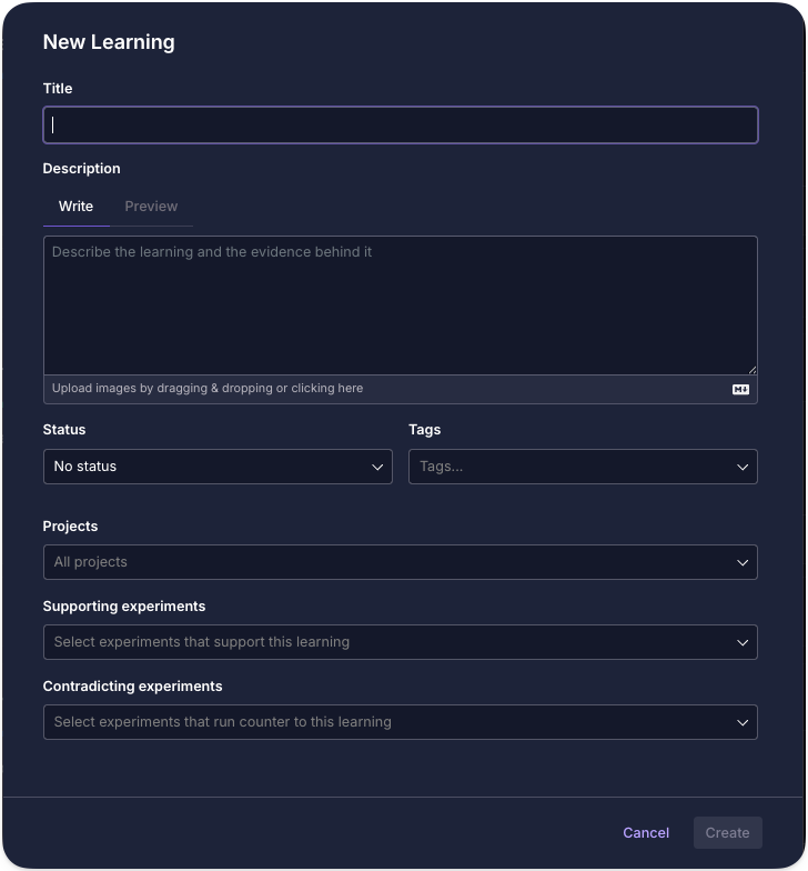 The New Learning form in GrowthBook, with fields for title, description, status, tags, projects, and supporting and contradicting experiments.