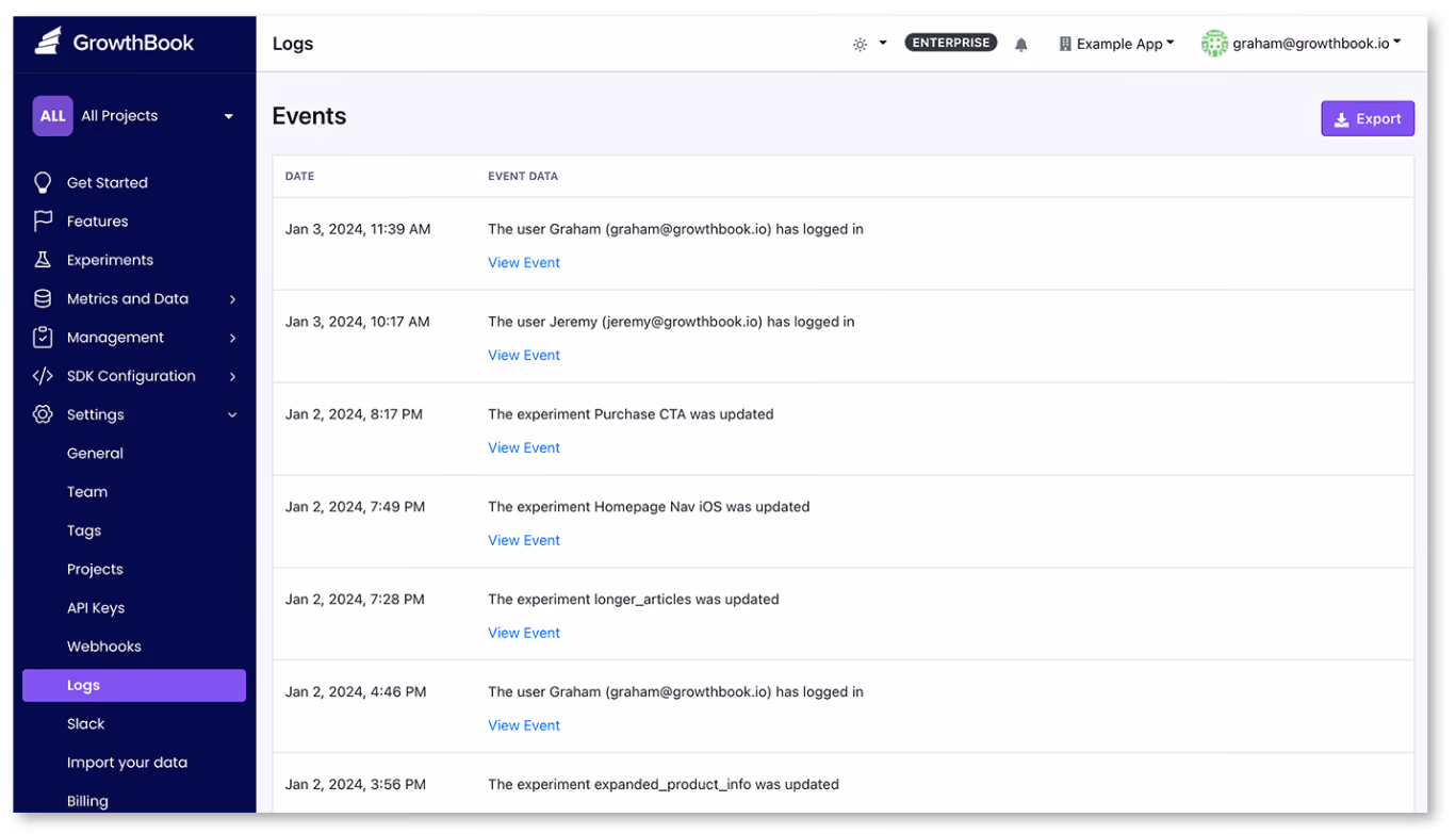 Audit Logs in GrowthBook