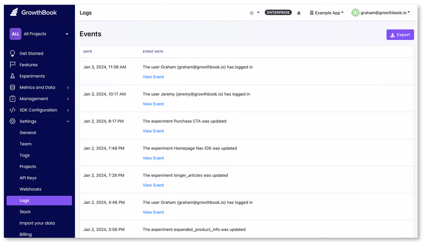 GrowthBook Audit Logs