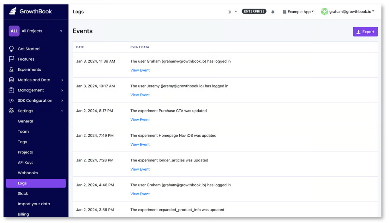 GrowthBook Audit Logs