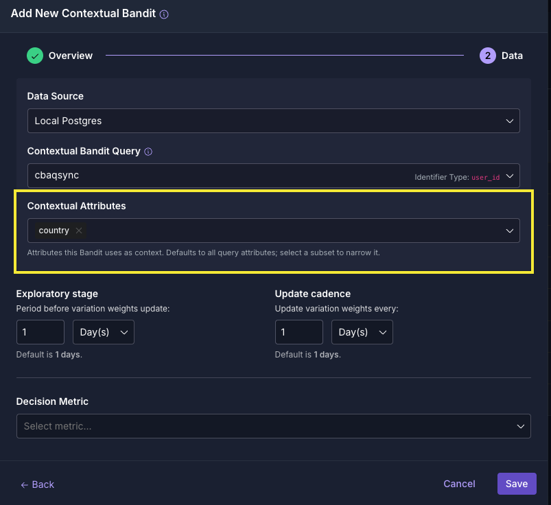 Contextual Attributes list on a GrowthBook bandit detail page, now synced with the analysis query