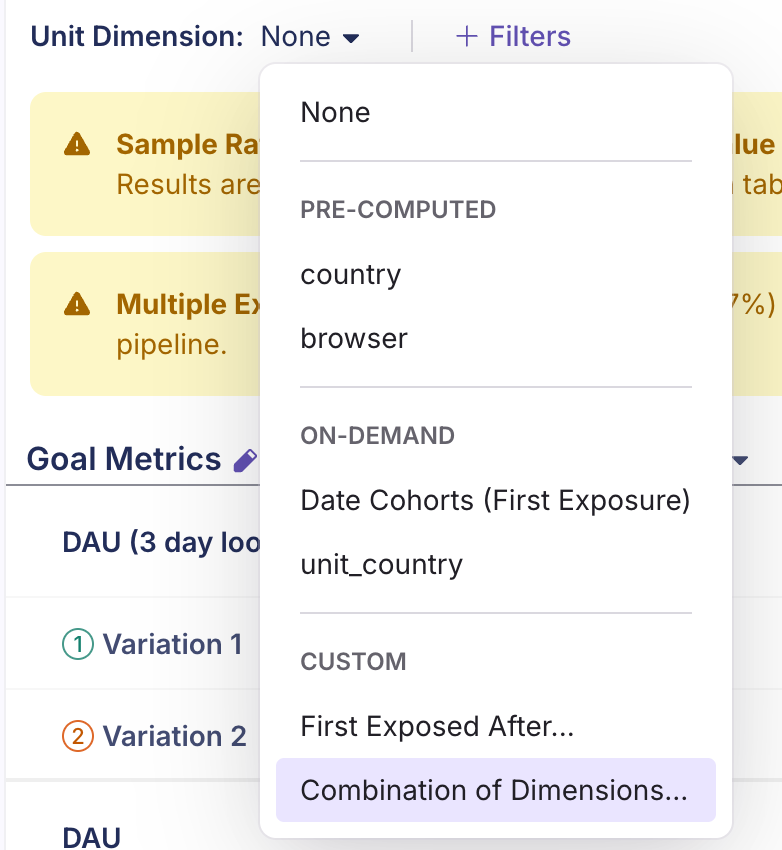 Dimensions selector in GrowthBook experiment results showing the new custom dimension options