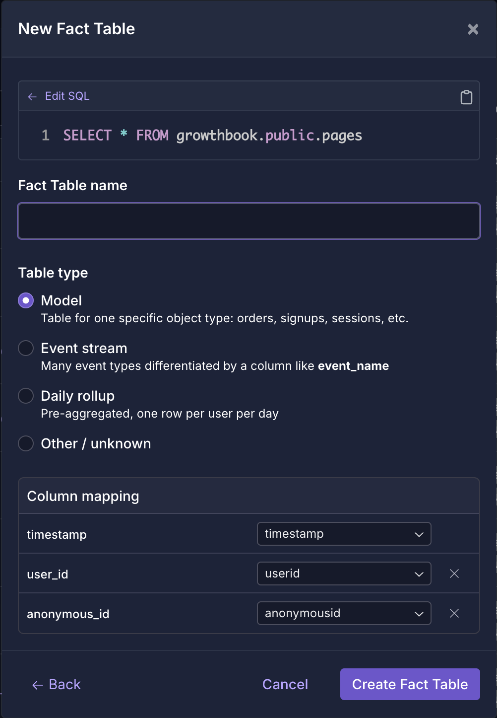 Column mapping step in GrowthBook fact table creation, assigning identifier types without SQL aliases